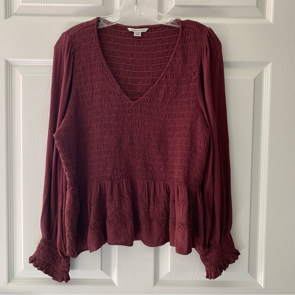 American Eagle Outfitters Burgundy V-Neck Smocked Peplum Blouse XL Y2K  Cottage‎